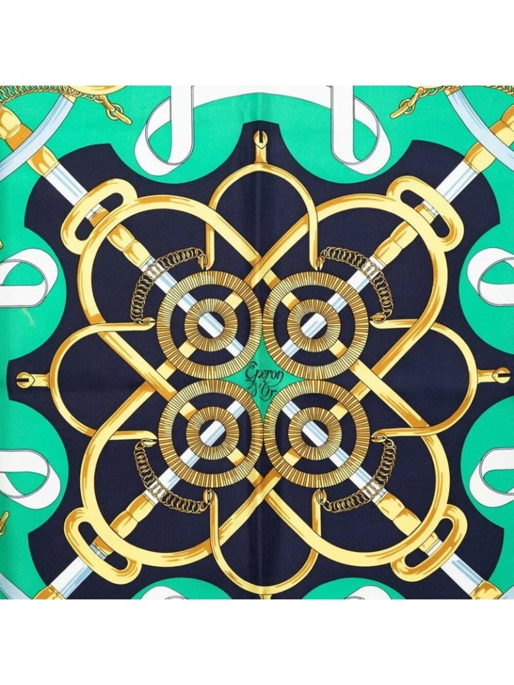 Hermes Carre 90 Apron D'or Yellow Gold Spurs Scarf Green Navy Silk